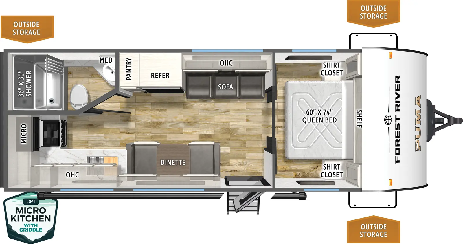 The Puma Camping Edition 210RKCE floorplan has one entry and zero slide outs. Exterior features include: metal exterior and outside kitchen. Interiors features include: front bedroom.